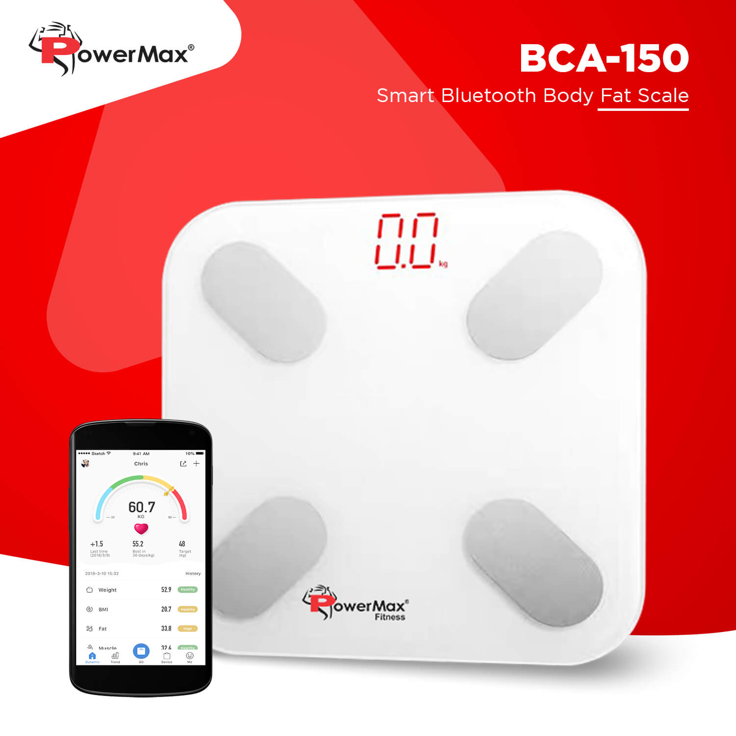New PowerMax Fitness BCA-150 Smart Bluetooth Body weight Scale